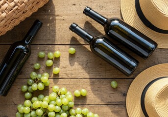 Obraz premium Close up of green grapes and wine bottles on rustic wooden surface with natural warm lighting scene