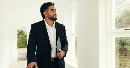 Thinking, real estate agent and man in house, serious or idea for investment property or...