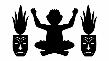 Obraz premium Silhouette of child in lotus position with raised arms between masks and plant shapes on white ground