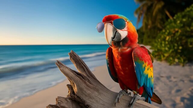 Playful scarlet macaw wearing sunglasses on a tropical beach scene happy parrot on driftwood by the ocean vibrant colors and warm sunlight on a beautiful beach tropical vacation paradise 