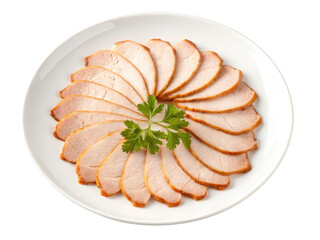 Thinly sliced roasted pork loin with fresh parsley garnish isolated on transparent background