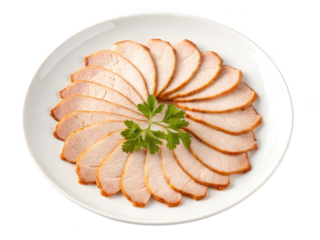 Thinly sliced roasted pork loin with fresh parsley garnish isolated on transparent background