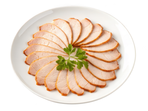 Thinly sliced roasted pork loin with fresh parsley garnish isolated on transparent background