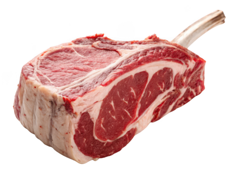 Raw tomahawk steak with marbling and bone isolated on transparent background