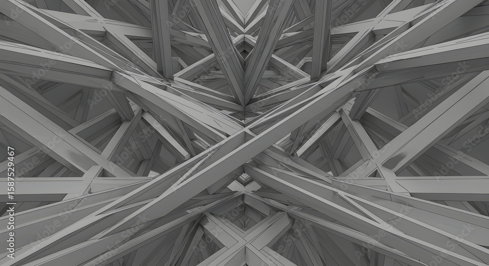 Poster abstract architectural detail showing intersecting metal beams and supports creating a complex, geom