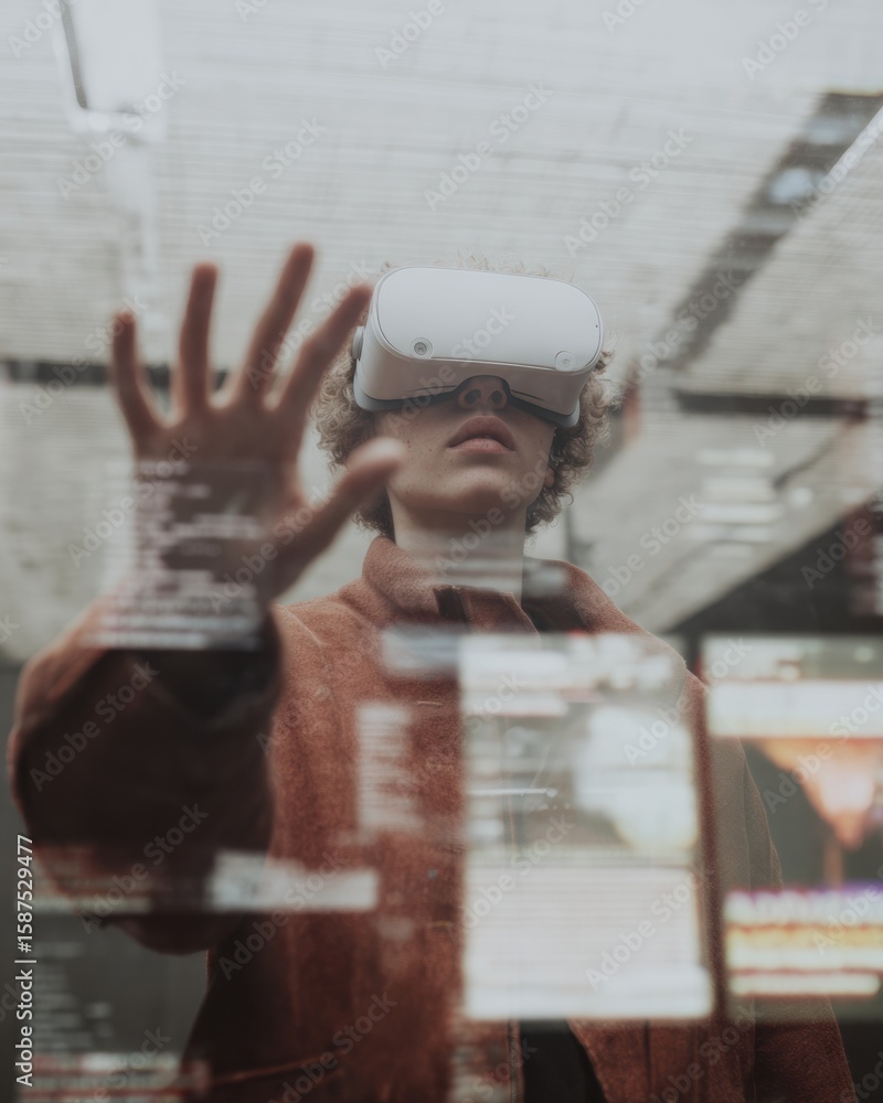 Aufkleber modern young professional using virtual reality headset for interactive quantum computing visualizat