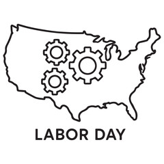 USA Labor Day Outline – Map and Gear Symbol Minimal Vector

