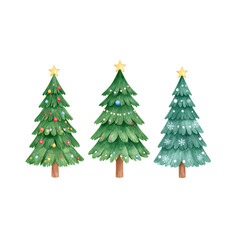 Hand drawn watercolor Christmas trees with toys, garlands and snowflakes. Holiday cards, forest trees, evergreens. Festive mood. For cards, posters, invitations, scrapbooking illustration isolated on 