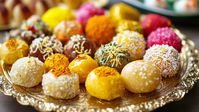 Colorful display of traditional sweets on a decorative platter at a festive gathering