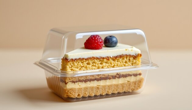 cake slice in clear clamshell container, light beige backdrop