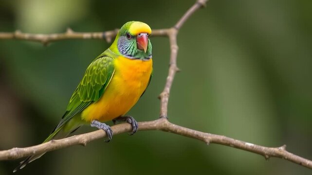 A vibrant rainbow lorikeet with striking green and yellow plumage perches gracefully on a weathered tree branch in a lush, natural setting