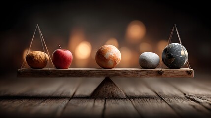 A minimalist still life display featuring an assortment of natural fruits including apples a peach and a globe arranged on a rustic wooden shelf against a softly lit muted background