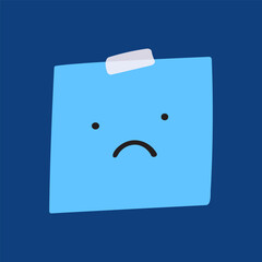Frowning face on paper note on blue background. Graphic vector design. Flat illustration on dark blue background.