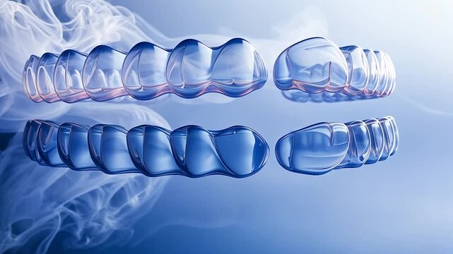 Transparent dental aligners against a smoky blue backdrop