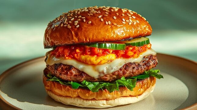 kimchi brioche fusion burgers, gourmet burger on clean background PNG, asian western fusion burger concept transparent, clean backdrop burger concept for menus