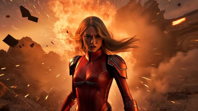 Action shot with woman in the sci-fi battle scene, superhero surrounded by sparkles. Dynamic scene in action movie blockbuster style