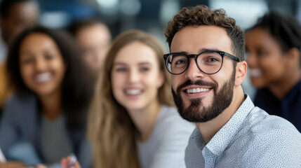 Fototapeta premium Close-up of a startup owner speaking enthusiastically while a group of engaged attendees smile and nod in the background.