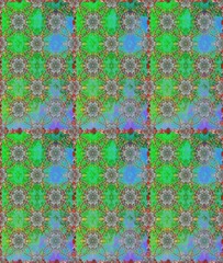 Design gift wrapping paper, greeting cards, posters and banner design. Flowers on green and blue colors. Raster flat flowers seamless pattern.