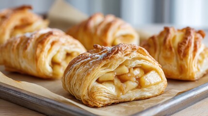 close-up of fluffy golden puff pastries filled with apple and cinnamon, slightly cracked to reveal juicy spiced filling, crispy layers puffed high