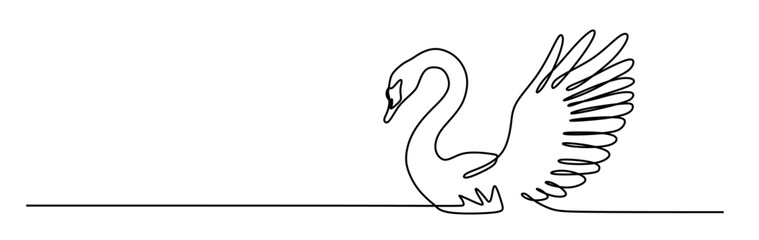 continuous line art of a swan flapping its wings and swimming in calm water