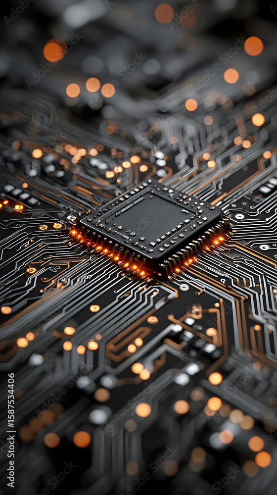 Poster close-up of a circuit board, showcasing intricate pathways and a central processor, symbolizing tech