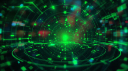A vibrant, abstract digital artwork depicting a glowing green tunnel with concentric circles and data streams, creating a futuristic, technological atmosphere.  The scene is dark, 
