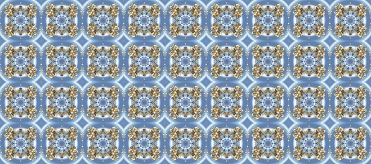 Floral classic texture. Raster illustration. Seamless pattern golden elements. Gold template. Royal retro on blue, neutral and gray colors. Design vintage for card, wallpaper, wrapping, textile.