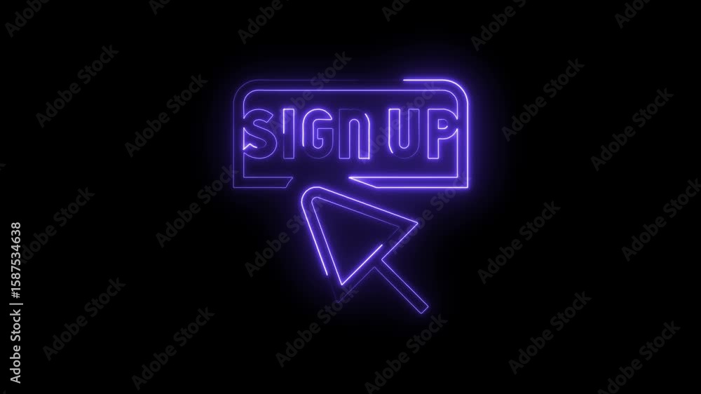 Poster animated neon style sign up button with arrow cursor glowing over dark background