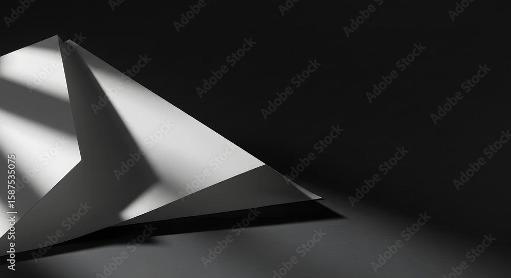 Poster abstract composition featuring a white geometric paper form with sharp angles, contrasted against a 
