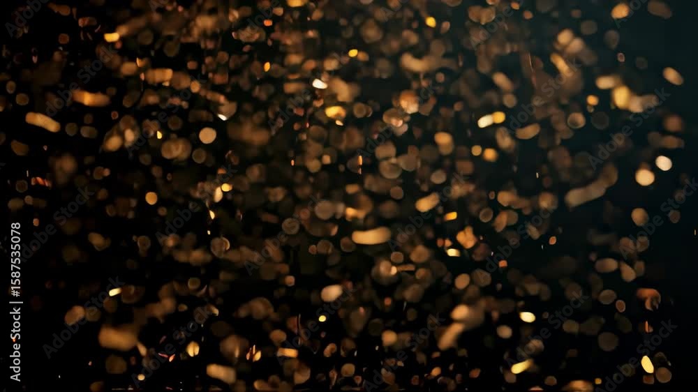 Poster gold confetti falling in a loop on a black background with glittering festive particles