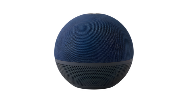 Captivating blue smart home speaker displays a spherical design, perfect for illustrating modern technology and audio innovation against a simple black backdrop, transparent background