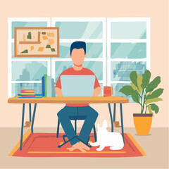 Man works from home on laptop, dog rests nearby, comfortable workspace.