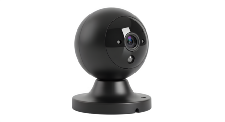 A sleek black security camera offers modern surveillance with its glossy finish and compact design, suitable for indoor monitoring and home security applications, transparent background