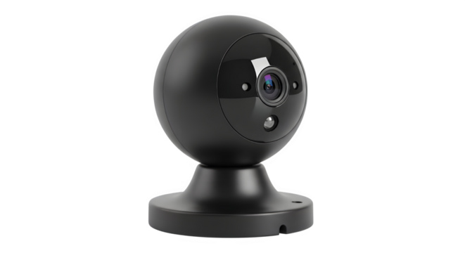 A sleek black security camera offers modern surveillance with its glossy finish and compact design, suitable for indoor monitoring and home security applications, transparent background