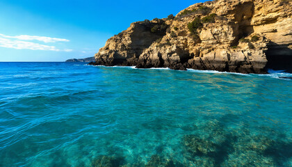 Serene coastal cliffs with turquoise ocean waves under golden hour light