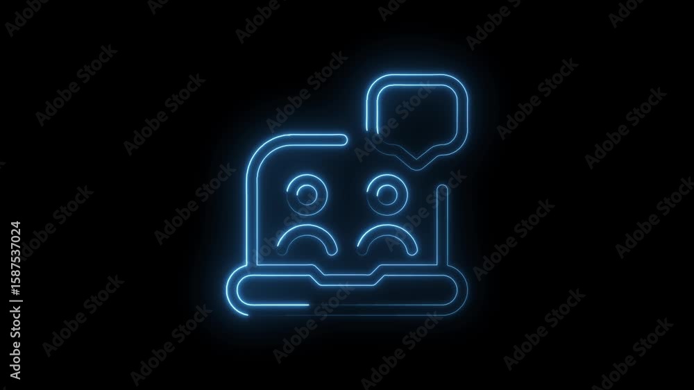 Poster neon computer with sad faces receiving a negative message glowing against black background