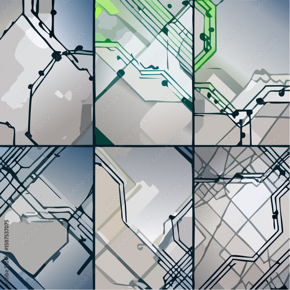 Poster abstract digital artwork featuring a grid of interconnected circuit board designs.