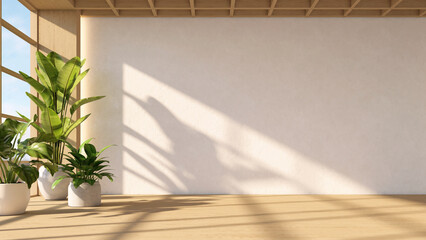 Japanese style empty room with white wall and wooden raised floor. Indoor plants on the side and wooden ceiling. 3d rendering
