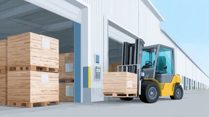 forklift loading pallets into open warehouse bay, industrial setting with visible stacked goods, efficient logistics theme 