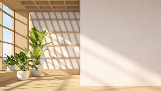 Fototapeta Japanese style relaxation corner room with wood slat wall and wooden raised floor. Indoor plants on the side, empty white wall and wooden ceiling. 3d rendering