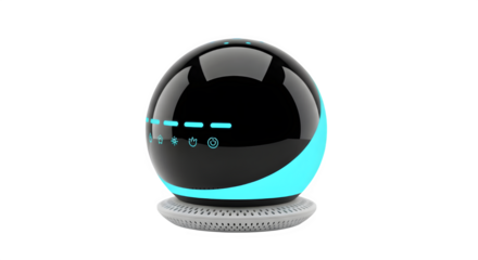 Sleek smart home device features a glossy black sphere with blue accents, perched on a modern white base, perfect for futuristic designs and innovative technology, transparent background