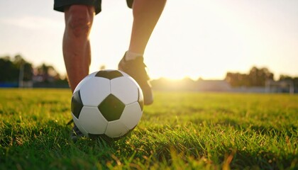Legs of young man kicking ball at green field. Male feet of professional footballer juggling soccer ball on stadium at sunset. Sportsman practicing tricks outdoor. Concept of a freestyle football