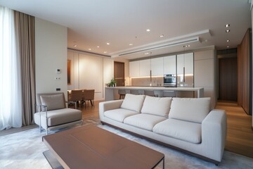 Minimalist studio apartment with large sofa, armchair, and elegant kitchen in the background
