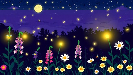 Fototapeta premium with glowing fireflies among pixel foxgloves and daisies, retro moon shining above