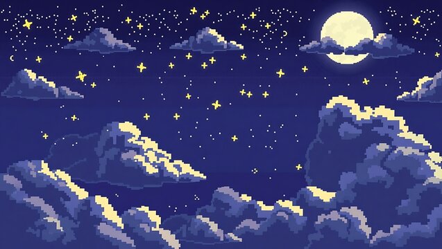 8-bit night sky with luminous pixel stars scattered between puffy clouds, subtle moonlight glow illuminating the clouds, nostalgic retro color tones