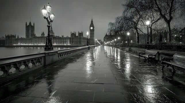 A rainy evening scene in London with reflections on the wet pavement.