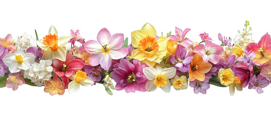 Lush mix of colorful spring flowers on black background