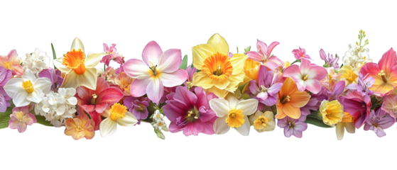 Lush mix of colorful spring flowers on black background