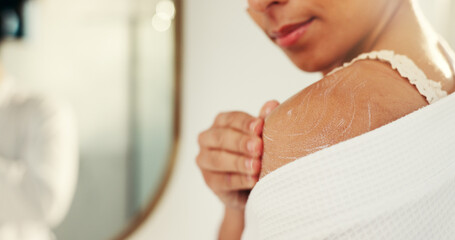 Hand, lotion and skincare for shoulder, bathroom or moisturizer for natural glow or morning routine...