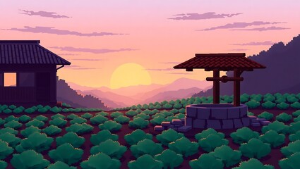 Fototapeta premium 8-bit Japanese farming landscape with an open well, leafy vegetables planted in perfect symmetry, with soft twilight colors in the sky